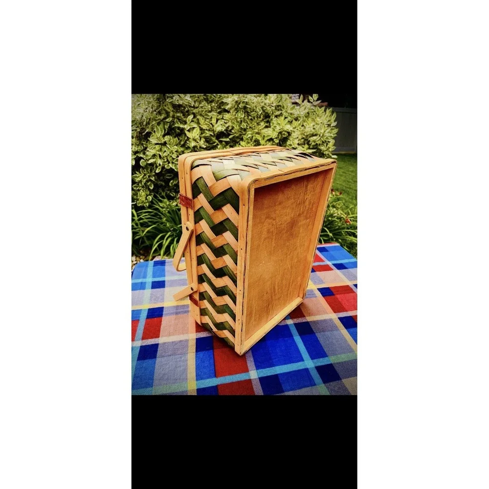 Vintage Woven Wood Picnic Basket Leather Closure, Green, Wicker, Cotton Mcm